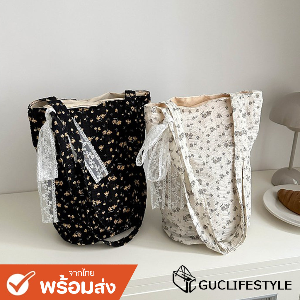 GUCSELECTED(B2056) กระเป๋าสะพายไหล่ทรงถัง ลายดอกไม้แถมผ้าผูกโบว์ ใส่ขวดน้ำ