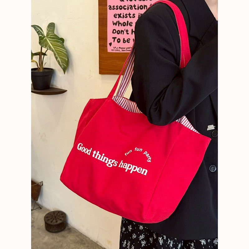 GUCSELECTED(B2438) กระเป๋าสะพายผ้าใบใหญ่/ผ้าลายทาง/ใช้ได้2ด้าน