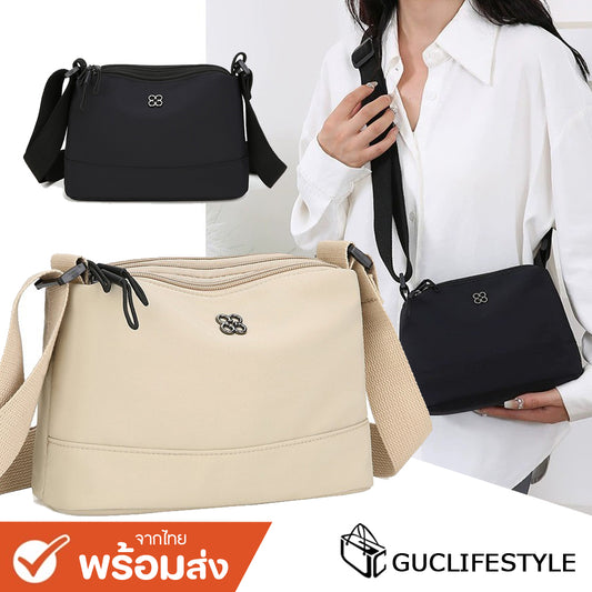 GUCSELECTED(B2283) กระเป๋าสะพายข้างผ้าไนล่อนมี4ช่องซิป ทรงสีพื้น-ขนาด 10 นิ้ว สีดำ