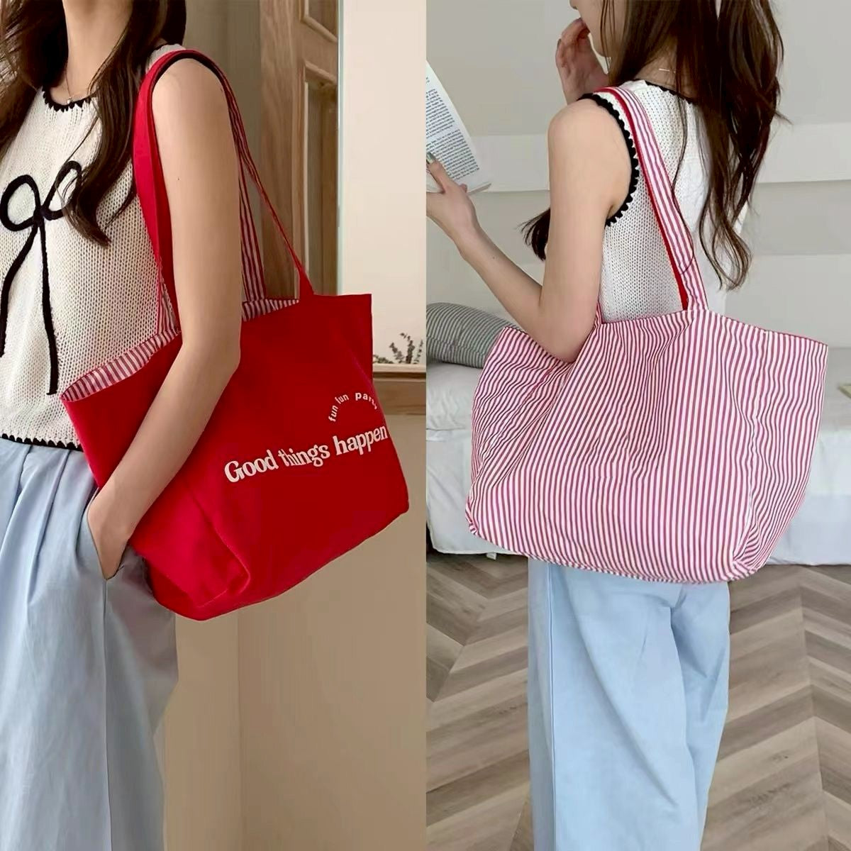 GUCSELECTED(B2438) กระเป๋าสะพายผ้าใบใหญ่/ผ้าลายทาง/ใช้ได้2ด้าน