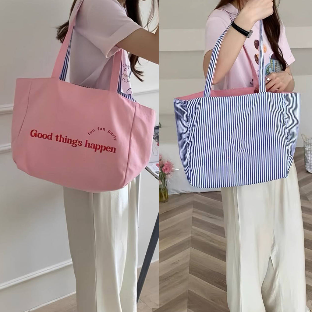 GUCSELECTED(B2438) กระเป๋าสะพายผ้าใบใหญ่/ผ้าลายทาง/ใช้ได้2ด้าน