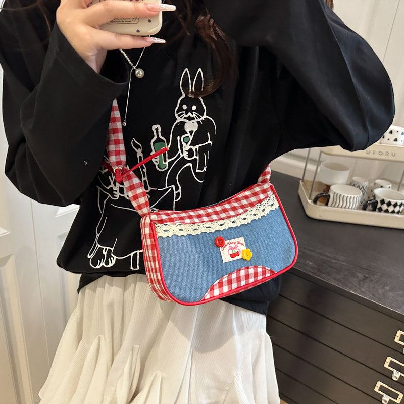 GUCSELECTED(B2454) กระเป๋าถือสะพายไหล่ลายยีนส์สก็อตแดงใบเล็ก ปรับสายย่นน่ารัก