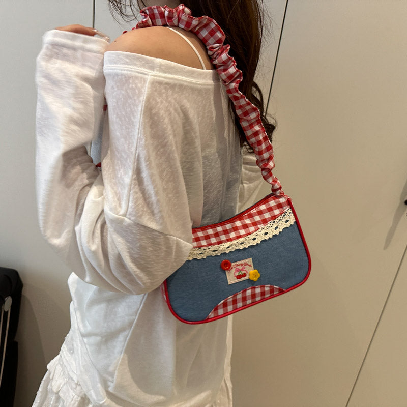GUCSELECTED(B2454) กระเป๋าถือสะพายไหล่ลายยีนส์สก็อตแดงใบเล็ก ปรับสายย่นน่ารัก