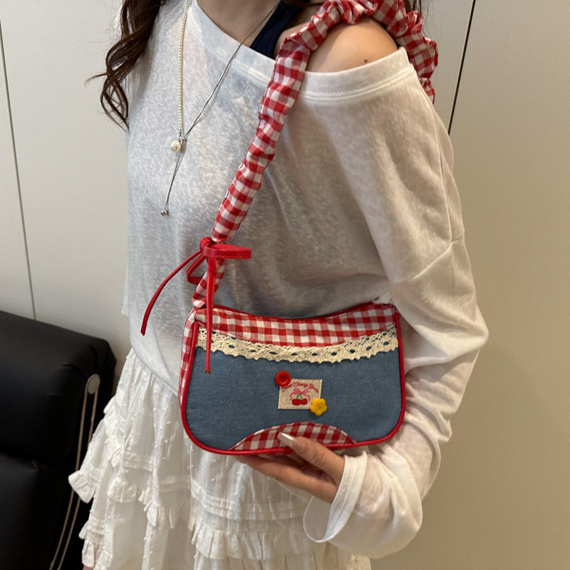 GUCSELECTED(B2454) กระเป๋าถือสะพายไหล่ลายยีนส์สก็อตแดงใบเล็ก ปรับสายย่นน่ารัก