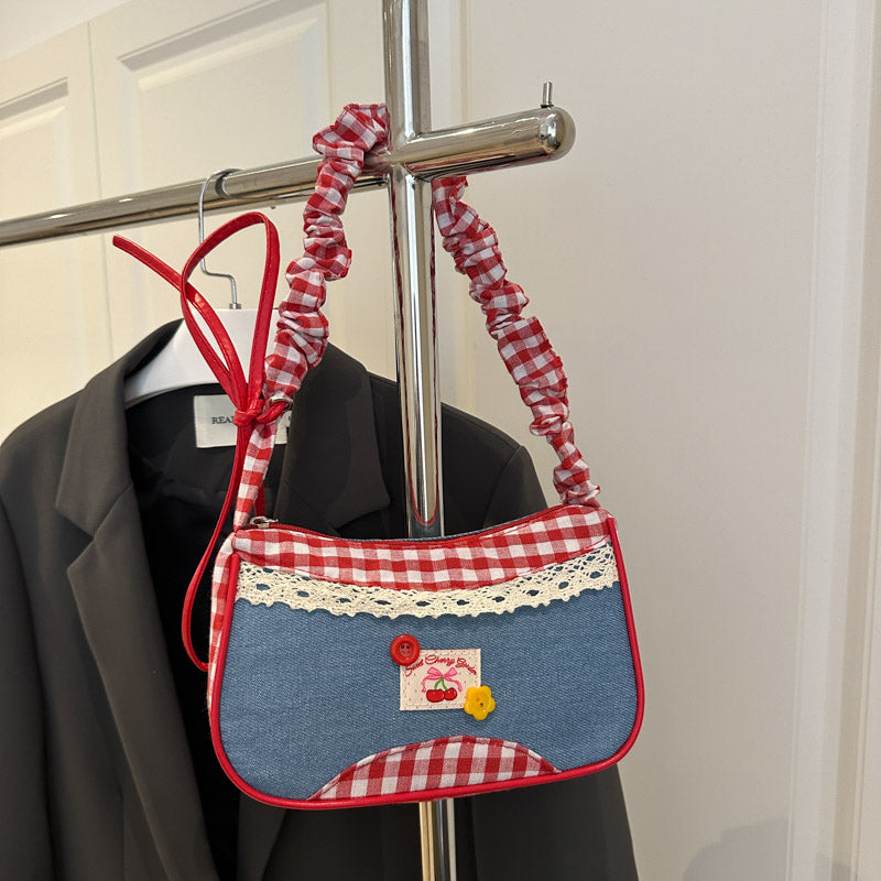 GUCSELECTED(B2454) กระเป๋าถือสะพายไหล่ลายยีนส์สก็อตแดงใบเล็ก ปรับสายย่นน่ารัก