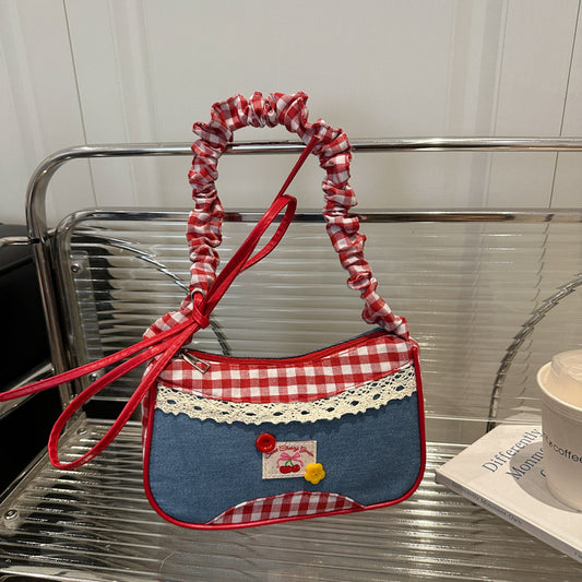 GUCSELECTED(B2454) กระเป๋าถือสะพายไหล่ลายยีนส์สก็อตแดงใบเล็ก ปรับสายย่นน่ารัก