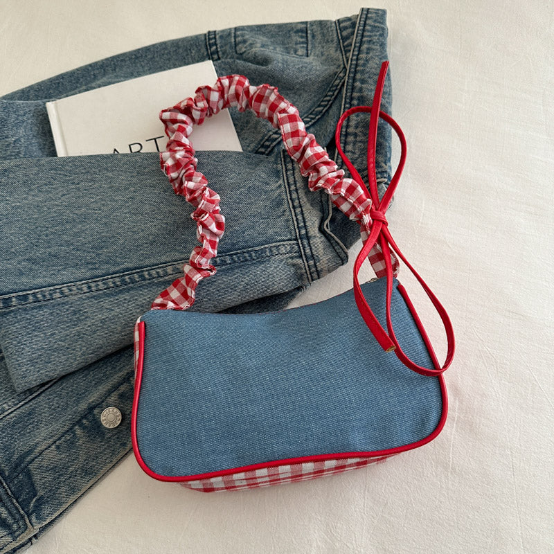 GUCSELECTED(B2454) กระเป๋าถือสะพายไหล่ลายยีนส์สก็อตแดงใบเล็ก ปรับสายย่นน่ารัก