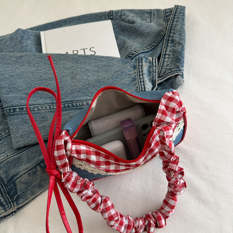 GUCSELECTED(B2454) กระเป๋าถือสะพายไหล่ลายยีนส์สก็อตแดงใบเล็ก ปรับสายย่นน่ารัก