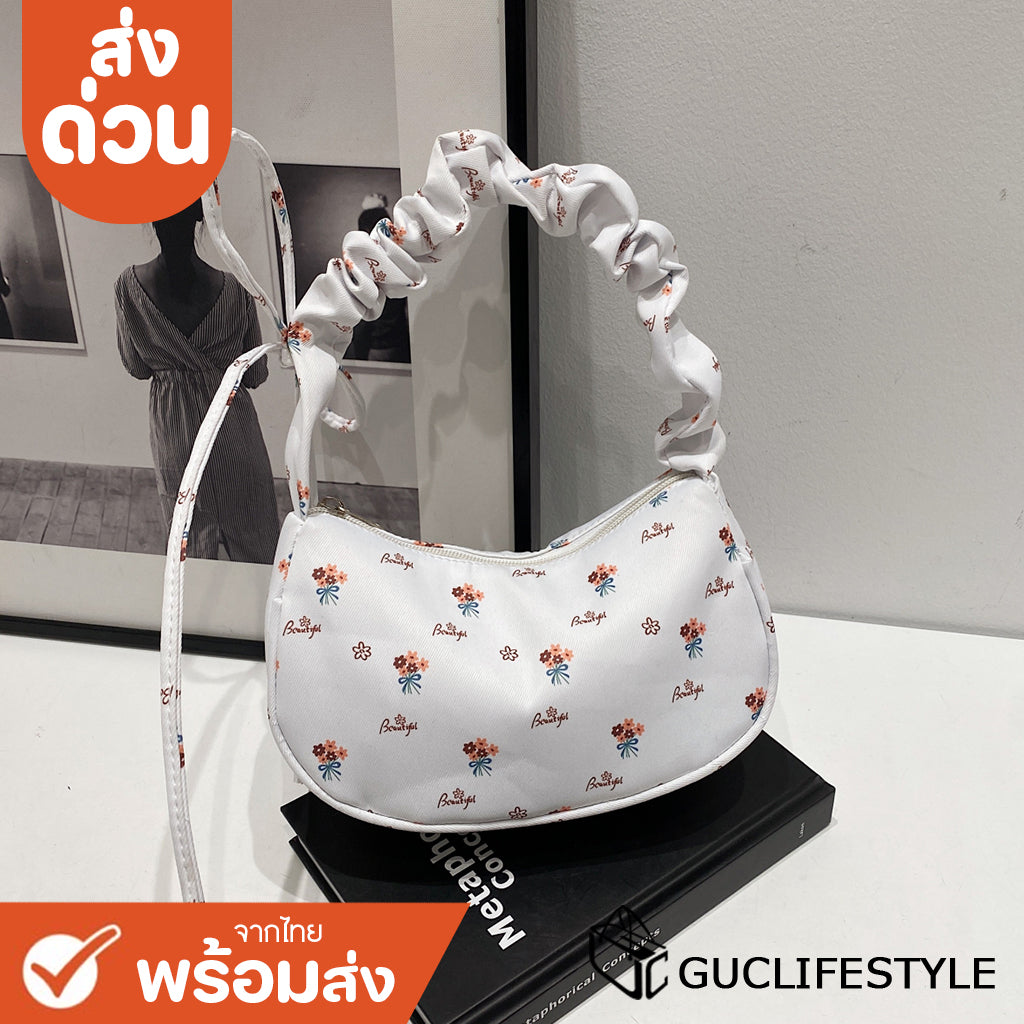 GUCSELECTED(B2219) กระเป๋าถือสะพายไหล่ลายดอกไม้ใบเล็ก ปรับสายย่นน่ารัก