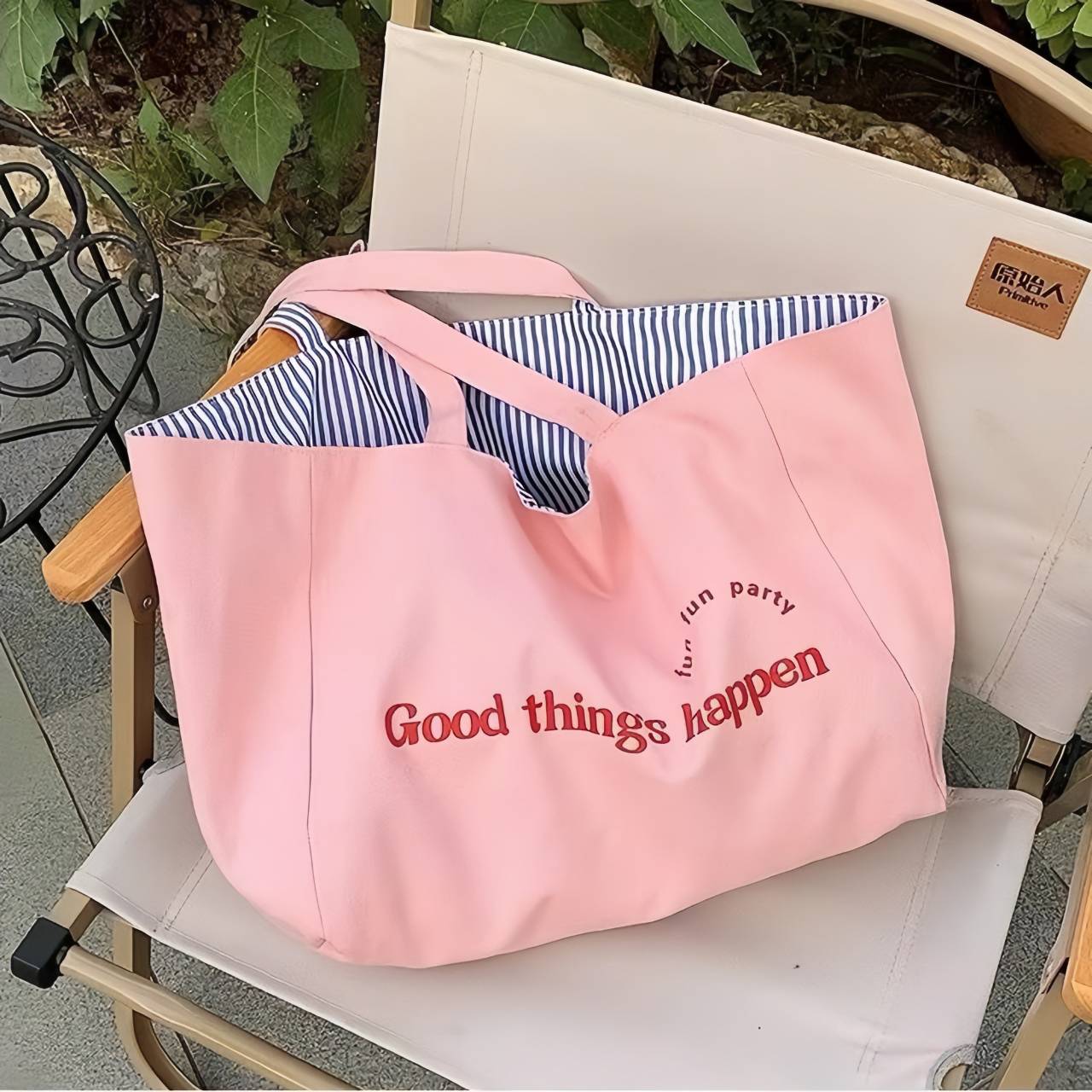 GUCSELECTED(B2438) กระเป๋าสะพายผ้าใบใหญ่/ผ้าลายทาง/ใช้ได้2ด้าน