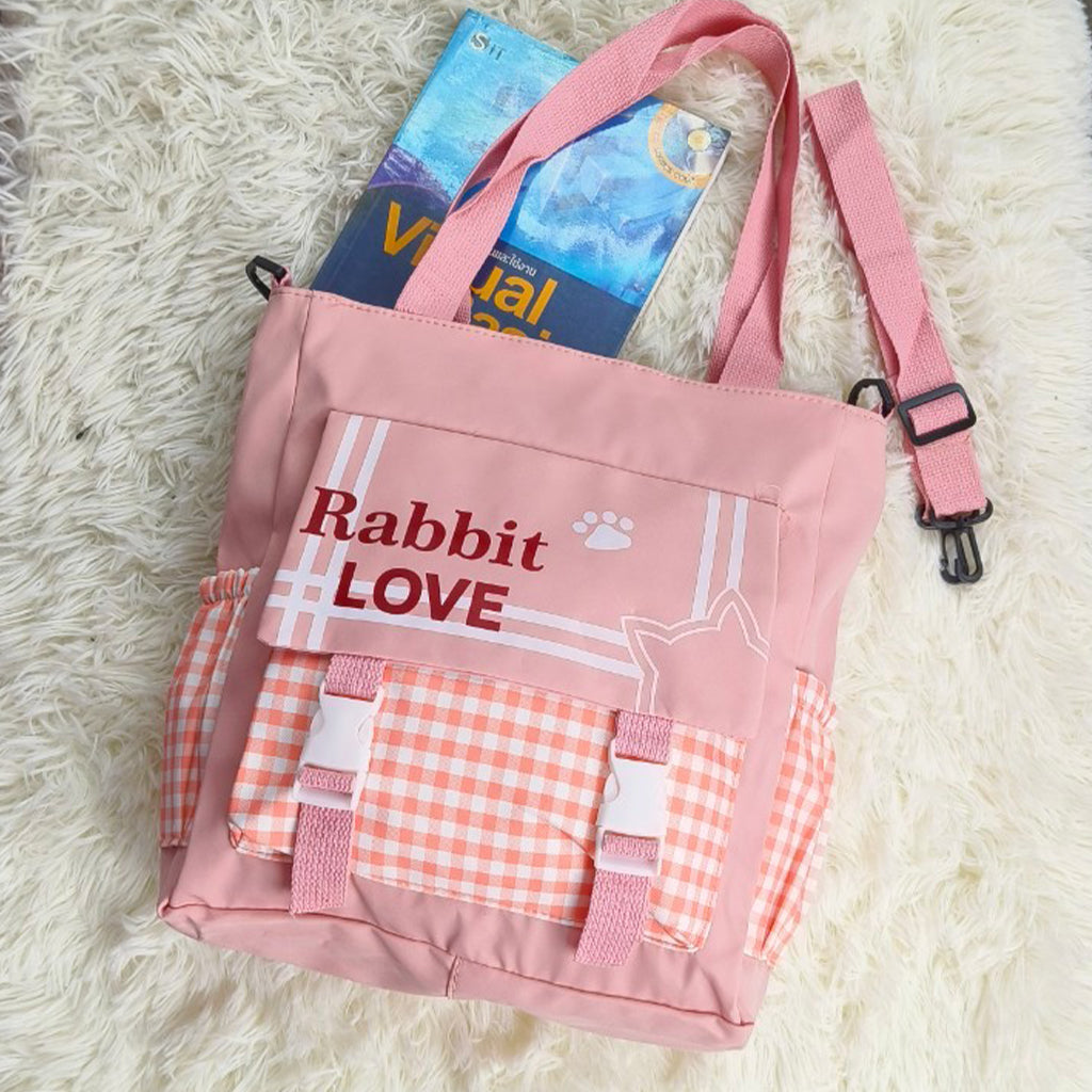 GUCSELECTED(B1915) กระเป๋าผ้าRabbit LOVEสะพายไหล่/สะพายข้างผ้าไนล่อนลายตาราง