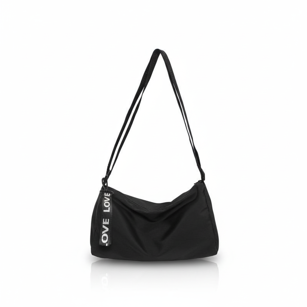 GUCSELECTED(B2262) กระเป๋าสะพายข้างสีดำ ซิปห้อยLOVE ผ้าอ๊อกฟอร์ดใส่ไปแอดได้