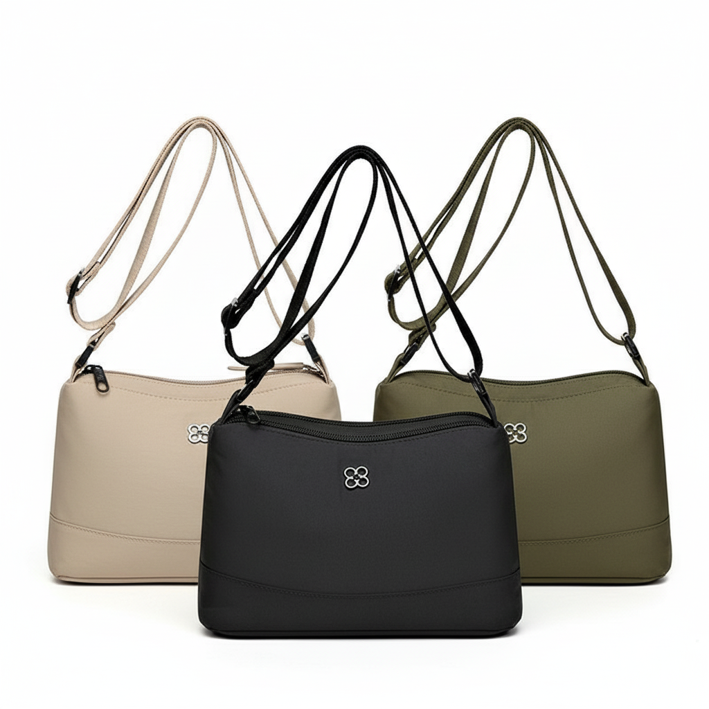 GUCSELECTED(B2283) กระเป๋าสะพายข้างผ้าไนล่อนมี4ช่องซิป ทรงสีพื้น-ขนาด 10 นิ้ว สีดำ