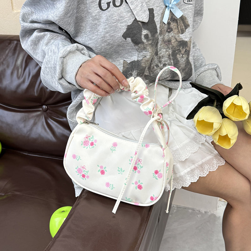 GUCSELECTED(B2319) กระเป๋าถือสะพายไหล่ลายโบว์+ดอกไม้ใบเล็ก มี 4 สี ปรับสายย่นน่ารัก