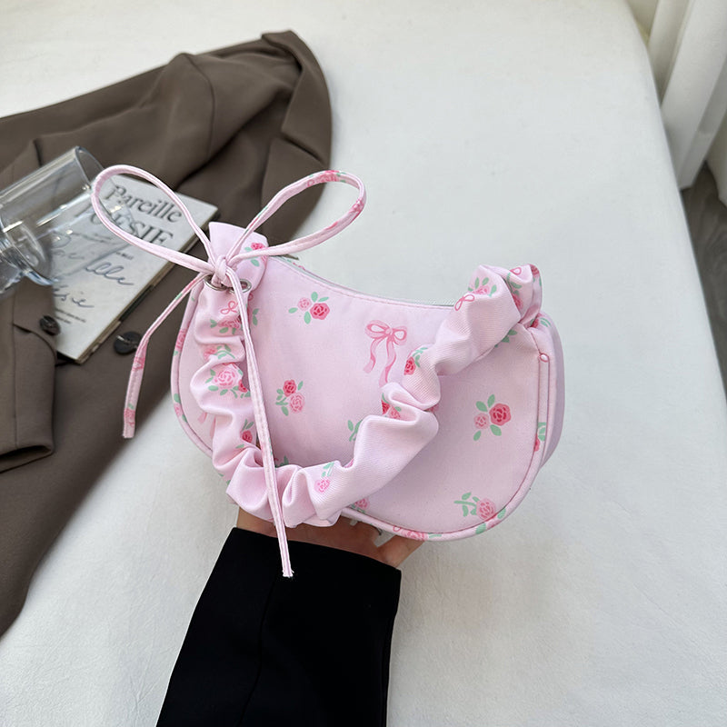 GUCSELECTED(B2319) กระเป๋าถือสะพายไหล่ลายโบว์+ดอกไม้ใบเล็ก มี 4 สี ปรับสายย่นน่ารัก