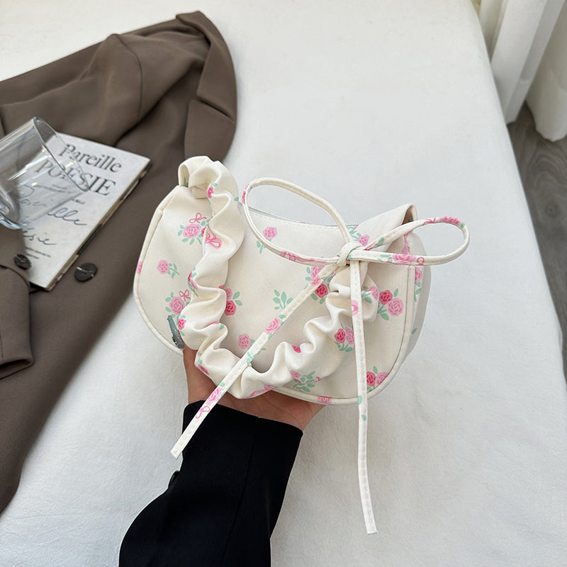 GUCSELECTED(B2319) กระเป๋าถือสะพายไหล่ลายโบว์+ดอกไม้ใบเล็ก มี 4 สี ปรับสายย่นน่ารัก