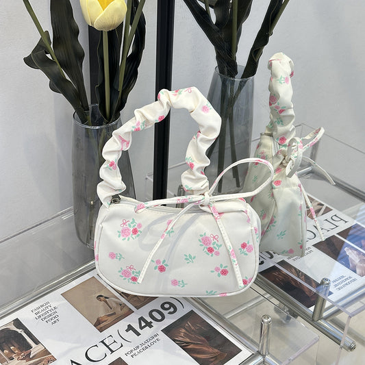 GUCSELECTED(B2319) กระเป๋าถือสะพายไหล่ลายโบว์+ดอกไม้ใบเล็ก มี 4 สี ปรับสายย่นน่ารัก