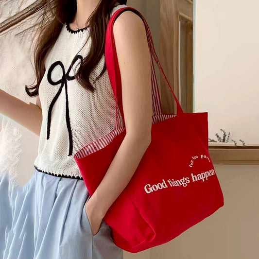 GUCSELECTED(B2438) กระเป๋าสะพายผ้าใบใหญ่/ผ้าลายทาง/ใช้ได้2ด้าน