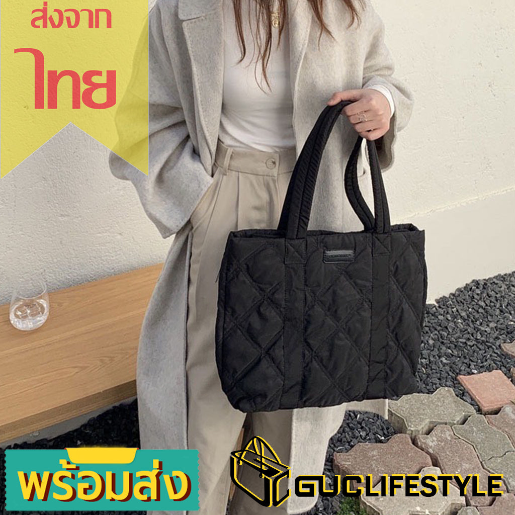 GUCSELECTED(B1987) กระเป๋าผ้านุ่มนิ่มสีดำใบใหญ่สะพายไหล่-พร้อมส่ง