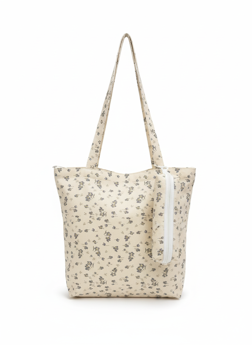 GUCSELECTED(B2392) กระเป๋าผ้าลายดอกไม้แถมประเป๋าใส่ดินสอ ใส่หมุดหนังสือA4ได้