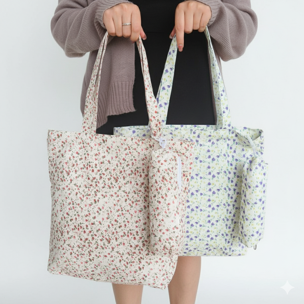 GUCSELECTED(B2392) กระเป๋าผ้าลายดอกไม้แถมประเป๋าใส่ดินสอ ใส่หมุดหนังสือA4ได้