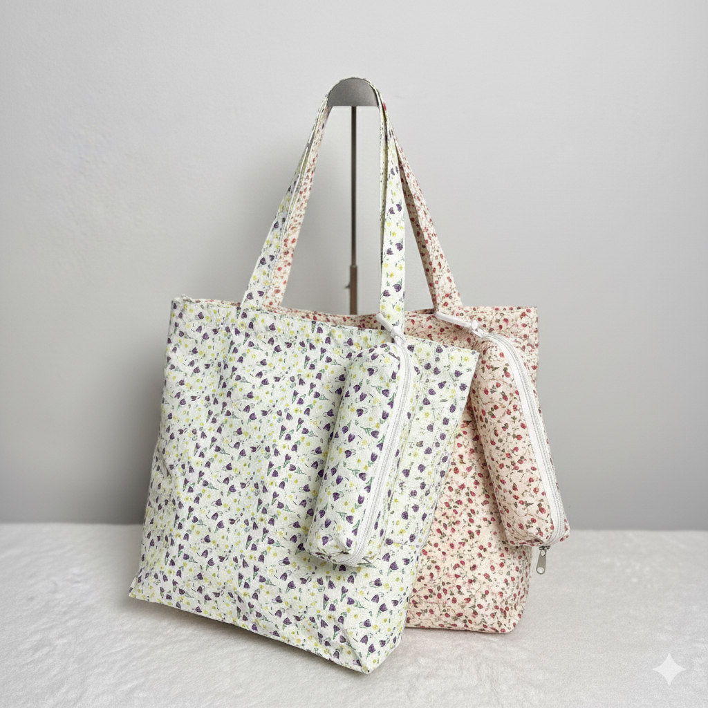 GUCSELECTED(B2392) กระเป๋าผ้าลายดอกไม้แถมประเป๋าใส่ดินสอ ใส่หมุดหนังสือA4ได้