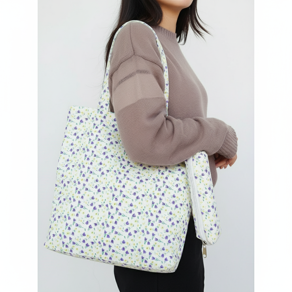 GUCSELECTED(B2392) กระเป๋าผ้าลายดอกไม้แถมประเป๋าใส่ดินสอ ใส่หมุดหนังสือA4ได้