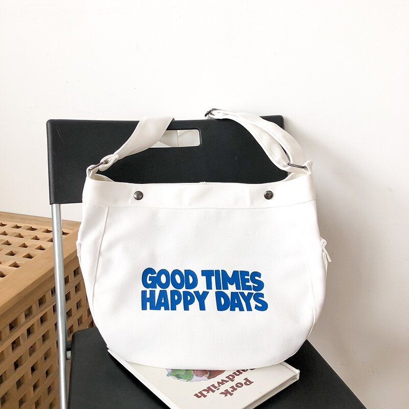 GUCSELECTED(B1829) กระเป๋าผ้าสะพายข้าง GOOD TIMES HAPPY DAYS มีซิป ผ้าแคนวาส