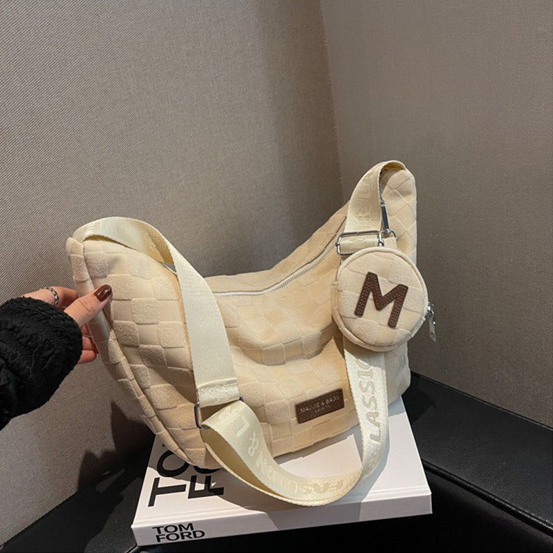 GUCSELECTED(B1921) กระเป๋าสะพายข้างมีกระเป๋าใส่เหรียญM ผ้าฝ้ายสีพื้นลาย-เส้นตาราง